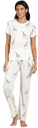 TURTLE Cotton Pyjama Set Women’s Giraffe Print – 100% Cotton Nightwear Lounge Set (M, Cream)