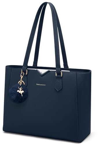 RAINSMORE Handbag for Women Large Tote Bags for Women Waterproof PU Leather Ladies laptop Tote handbag with Removable pom-pom for Work Business School Blue