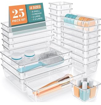 Clear Drawer Organiser Trays Set, Plastic Storage Containers, 25 Pack Drawer Organiser, 4-Size Makeup Organizer Trays for Vanity, Bathroom, Desk, Office, Bedroom