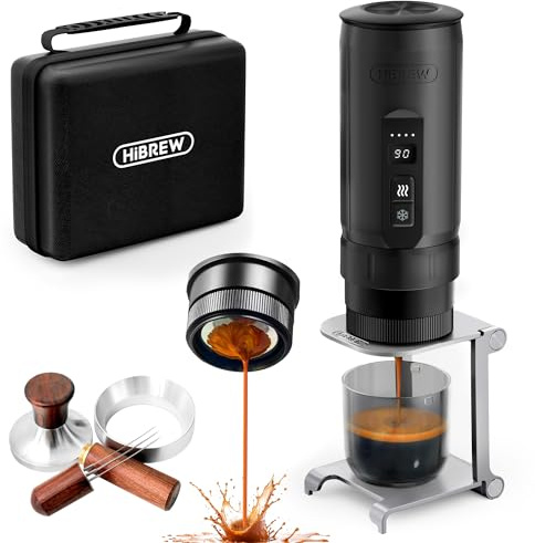 HIBREW H4C Ultra - Cafetera Espresso Eléctrica Portátil con Cesta Filtro 51mm, Recargable USB-C, para Camping y Viaje, Compatible con Café Molido y Cápsulas NS, Soporte Plegable y Estuche
