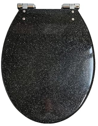 Toalettsits, avlång mjukstängande kraftig hartslock med silverfolie glitteröverdrag, snabböppnande oval toalettsits