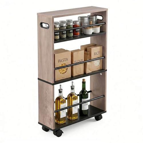 Relaxdays Carrello nicchia 80x15x45 cm, scaffale Slim per Bagno e Cucina, 4 Ripiani, Ruote, Maniglie, Nero-Grigio