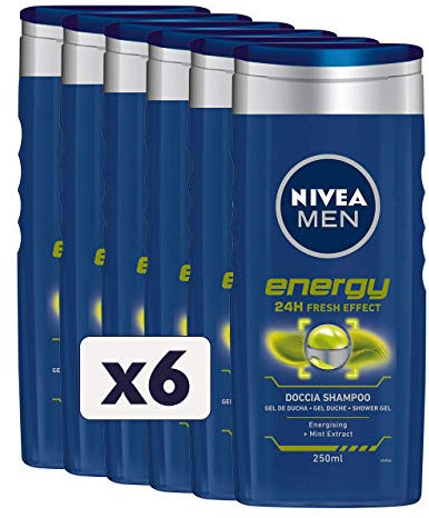 NIVEA MEN Energy Duschshampoo 6 x 250 ml, revitalisierender Duschschaum für Körper, Gesicht und Haare, erfrischend mit Minzextrakt