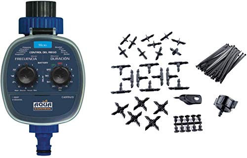 Aqua Control C4099O Programador de Riego para Jardín, Para todo tipo de Grifos, Apertura a 0 Bar, Antiguo C4099N + KITG002 Pack Básico de Accesorios de 4 mm para Todo Tipo de Riego por Goteo Gota