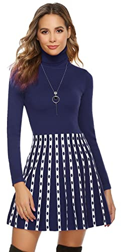 Irevial Vestido de Punto para Mujer Elegante Vestido de Suéter de Cuello Alto Vestido Jersey de Manga Larga de Una Línea para Otoño Invierno Azul Real, XL