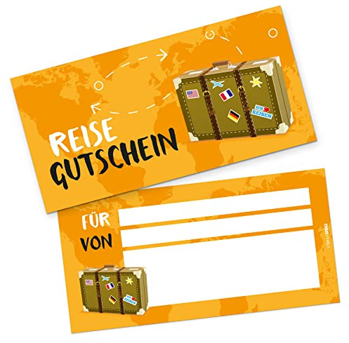 itenga Geschenkgutschein Geschenkkarte zum Ausfüllen I Motiv Reisekoffer Gutschein für Reise Urlaub Ausflug Übernachtung I 21,0 x 10,5 cm