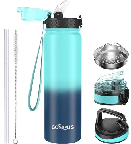 GOPPUS 1L/32oz Borraccia in Acciaio Inox con Cannuccia Borraccia per Acqua Termica Calda a Doppia Parete Borraccia Isolata Borraccia per Acqua Fredda a Prova di Perdite Adulto con 3 Coperchi