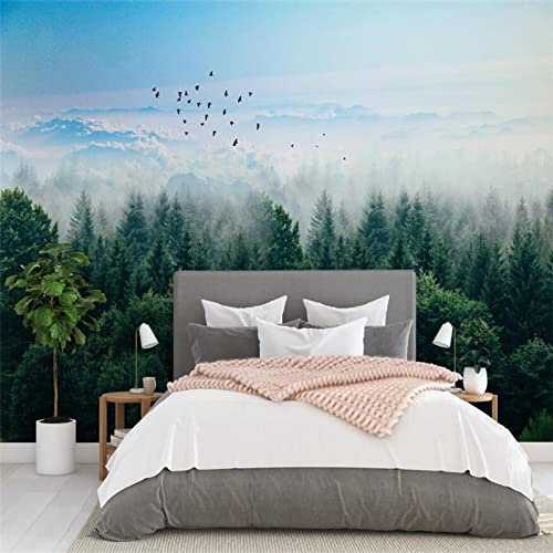 Sedomax Benutzerdefinierte 3D-Tapeten-Wandbild Nordic Foggy Forest Distant Mountains Flying Birds Background Wall Home Decoration 150cm*105cm
