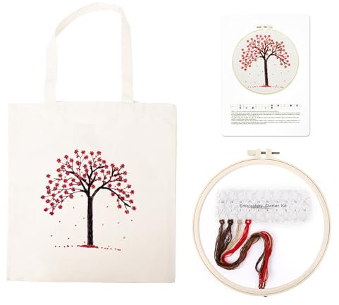 mimzemamz Stickset Tasche Sticken Set Erwachsene, Stickerei Set Anfänger mit Baum-Muster DIY Handgemachte Kreuzstich Segeltuchtasche Sticktasche Embroidery Kit mit Stickrahmen, Farbfäden und Werkzeug