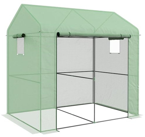Outsunny Foliengewächshaus, Gewächshaus, Winddichtes Treibhaus mit Doppeltüren, Anlehngewächshaus mit Seitenfenster, UV-Schutz für Garten, PE, Grün, 200 x 140 x 200 cm