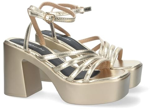 81636-Sandalias de Plataforma para Mujer, Comodas, con Tiras en la Pala, Cierre de Hebilla, Elegantes Eventos Especiales. Talla 38 Oro