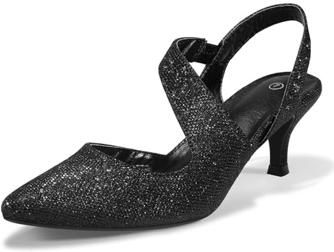 mysoft Women's Dress Shoes Low Heels 2 inch Kitten Pumps Slingback Wedding Party Medium/Wide Width Shoes Black Glitter