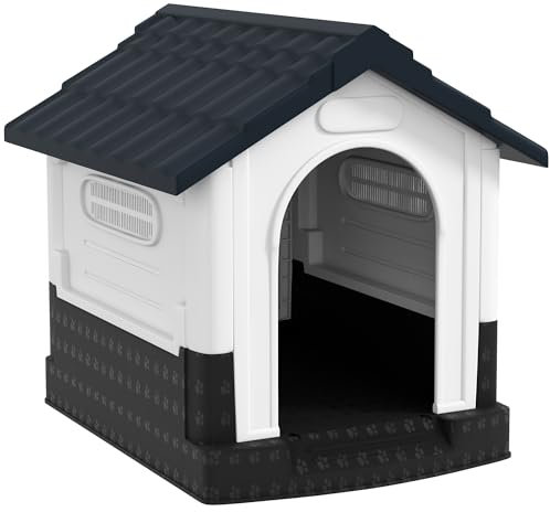 PawHut Dog Kennel for Outside, Plastic Dog House, Water-Resistant Pet Shelter with Windows, for Garden Patio, Miniature and Small Dogs, 80 x 69 x 76cm - Grey