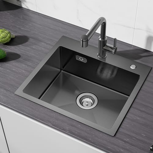 CECIPA Anthracite Stainless Steel Kitchen Sink with Tap Hole, 50 x 45 cm, Undermount, Modern Style, Includes Siphon and Over