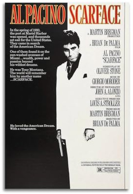 CHANGLES Scarface - Póster artístico de película – Diseño de serie de televisión – Lienzo decorativo para pared – Decoración de dormitorio 12 x 18 pulgadas (30 x 45 cm) sin marco