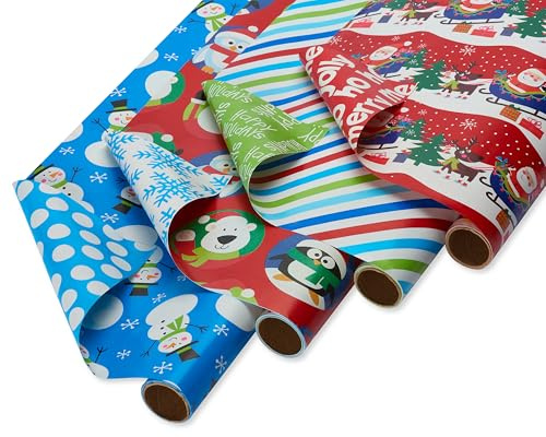 American Greetings Reversible Kids Christmas Wrapping Paper Rolls, Santa, Snowmen, Penguins, Polar Bears, Colorful Holiday Gift Wrap (160 sq. ft., 4 Rolls-30 in. x 16 ft.) Stripes, Dots, Snowflakes
