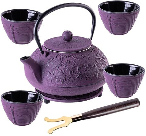 KADAX Teiera Giapponese 1 L con 4 Tazze da Tè per Tè Sciolto, Servizio da Tè Giapponese in Ghisa, Teiera in Ghisa con Filtro, Coperchio, Maniglia e Sottotazza (Violetto)