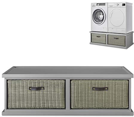 Tetbury double washing machine and dryer pedestal stand with drawer. Grey washing machine and dryer stand, pedestal raiser. Fully Assembled
