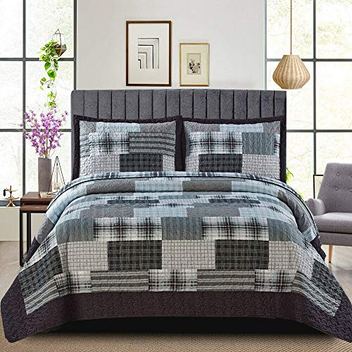 B&B Patchwork Quilt Bedspread Super King Size Bed - 3 Pcs Box Pattern Thick Cotton Filling Bed Warmer Large Blanket Bed Spread With Quilt Fabric 2 Pillowcase - Denim Grey