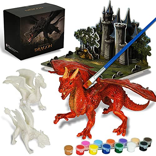 Ensemble d'artisanat pour enfants – Kit de peinture Dragon Toys avec 3 figurines de dragons et château de puzzle 3D, meilleur cadeau de peinture entre tween pour créer son propre dragon puissant