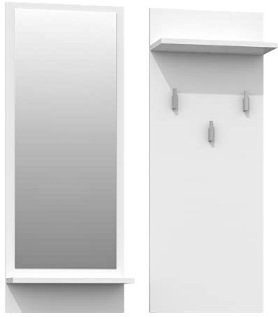 ADGO Set di mobili da corridoio, 2 in 1, 3 ganci appendiabiti e ripiano, pannello appendiabiti, specchio rettangolare da parete, guardaroba a muro (specchio + appendiabiti, colore bianco)
