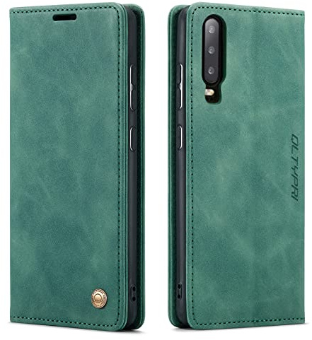 QLTYPRI Etui Coque pour Huawei P30, Portefeuille Fentes Cartes Housse Antichoc Cuir PU Vintage Portefeuille Etui Compatible avec Huawei P30 - Vert foncé