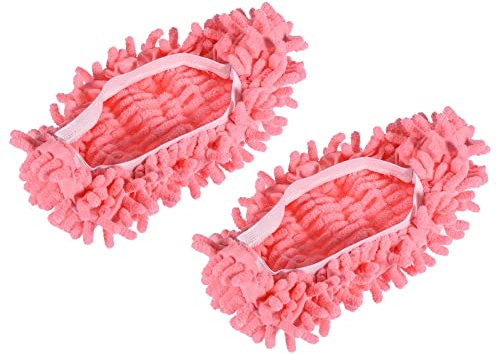 sourcing map Washable Cleaning Shoes Cover Multifunction Chenille Duster Mop Slippers Foot Socks for House Floor, Pack of 2 Pink