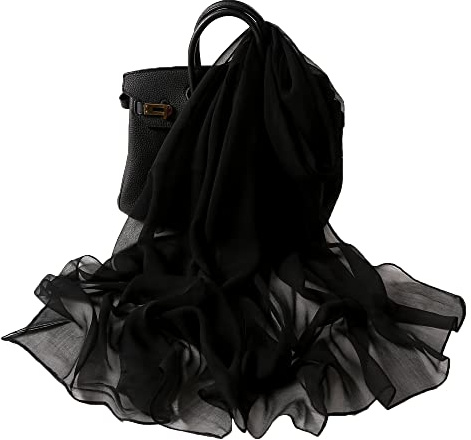 AMAYJUELONG Écharpe transparente en mousseline de soie pour femme, écharpe de cou unie pour femme des années 50, poids léger pour toute l'année, 160 x 50 cm, Noir , 160*50cm