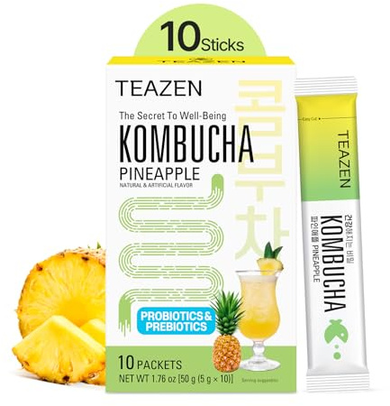 TEAZEN - Kombucha Ananas – Thé fermenté probiotique instantané – 10 sachets – Sans sucre, végétalien, faible en calories – Préparation pour boisson Coréenne tropicale avec prébiotiques