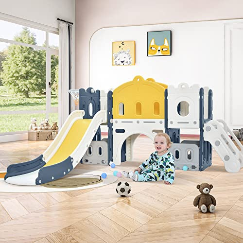 HAINEW 6-i-1 barnrutschkana från 3-6 år för inomhus och utomhus, lekplats för barn med basketkorg, klättring, lekgång, borrspel och förvaringsutrymme, trädgårdsrutscha, gungställning, barngunga (blå)