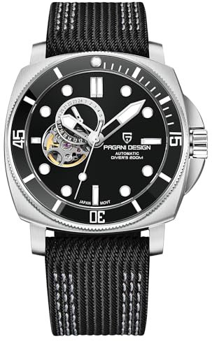Herrenuhr Pagani Design Mechanische Automatische Armbanduhr Japan NH39 Uhrwerk Wasserdicht bis 200M Leuchtendes Saphirglas Nylon Armband… (Schwarz)