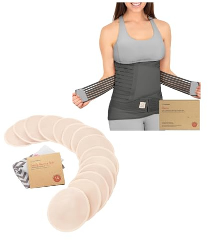 KeaBabies 3 in 1 Postpartum Belly Support Recovery Wrap and Bamboo Viscose Nursing Breast Pads - Postpartum Belly Band - 14 Washable Pads + Wash Bag