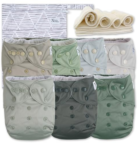 Nora's Nursery Morning Dew Stoffwindeln, 7 Stück, mit 7 Einsätzen und 1 Nassbeutel, wasserdichter Bezug, waschbar, wiederverwendbar und Einheitsgröße, verstellbare Taschenwindeln für Neugeborene und