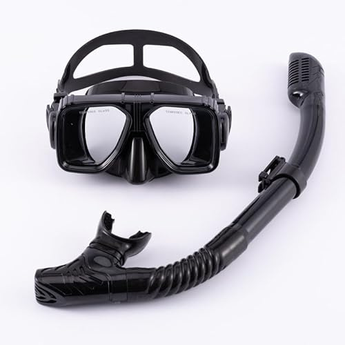 Mask & Snorkel Set – Tempered Glass Swimming Diving Goggles - Adjustable Head Strap Anti-Fog Snorkeling Package - Adult Scuba Dry Snorkel Set for Man Woman (Black)