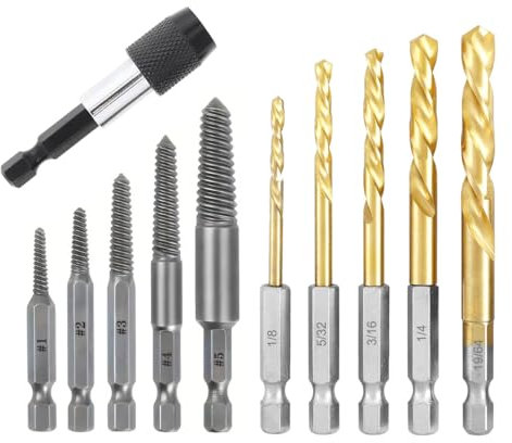 Saipor 11 Pieces Stripped Screw Extractor Set, Reverse Drill Bit Set, Hex Shank Left Hand Drill Bit and Bolt Kit for Removing Damaged Broken Screws, Bolts, and Studs