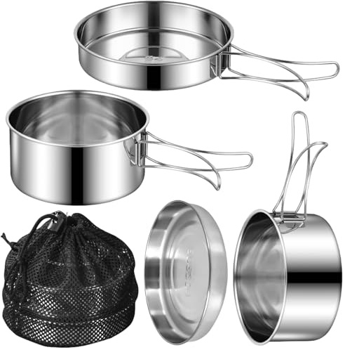 Set di 4 pentole da campeggio in acciaio inox 304, set di stoviglie portatili, impilabili, per cucina all'aperto, escursioni e viaggi
