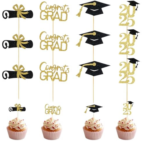 12 Pièces Paillettes Cupcake Toppers, Décorations de Cupcake à Paillettes 2025, Cake Topper pour Décoration de Remise de Diplôme