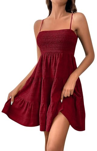 Robe de Plage Femme Bretelles Fines,2025 Robe Femme Ete Fluide Pas Cher Robes Court Baggy Decontractée Dos Nu Plissee sans Manches Légère Basic Vin, L