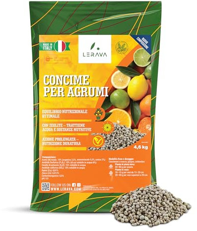 LERAVA® Abono citricos órgano-mineral - 4,6kg- Abono para citricos crecimiento vigoroso, sabrosa fruta ecológica - en maceta y jardín - fertilizante + vaso dosificador