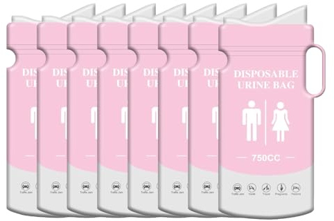 Hinapan Pack of 8 Disposable Urine Bags with Gel (750 ml), Portable Urinal Set for Travel, Hygienic Pee Bags with Handle and Odourless Gel, for Car Travel and Jam Situations (Pink)