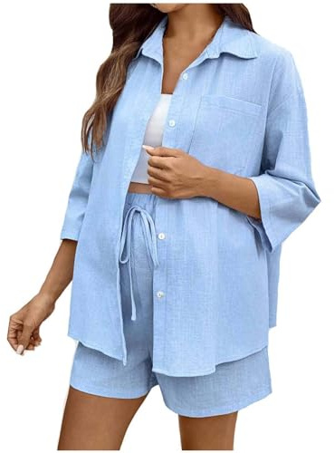 SYDUZAX Ensemble de Maternité Femme Rayures Vêtements de Nuit Grossesse Pyjama Allaitement Ensembles Femmes Grande Taille Imprimé Rayé Ensemble Short Femme et Chemise Costume 2 Pièces