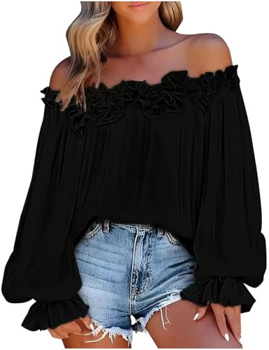 Dyhxuan Camiseta con hombros descubiertos para mujer, elegante, sin hombros, de manga larga, tallas grandes, con volantes, hombros fríos, blusa suelta, monocolor, camiseta exquisita, Negro , XL
