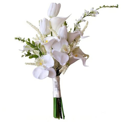 Ramo de novia de lirio de cala, reutilizable, tela de satén de orquídea Phalaenopsis, flores de imitación