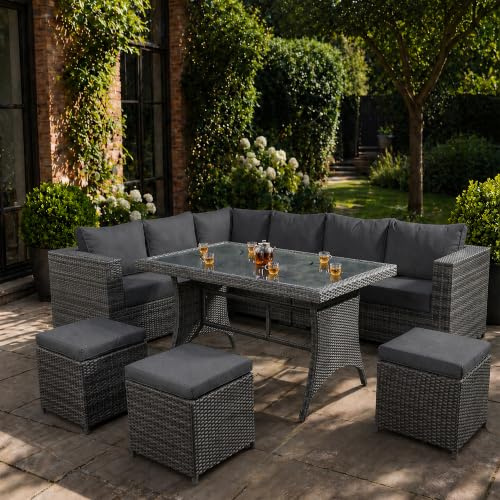 SANA SLEEP 9 Seater Rattan Garden Dining Set, Outdoor Corner Sofa Set with Dining Table, 3 Stools, Outdoor Conservatory Furniture with Cushions for Patio, Grey
