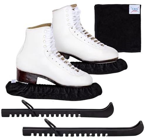 CRS Cross Ice Skate Guards, Soakers and Towel Gift Set. One Piece Adjustable Guard Design and Soft Skate Blade Cover Accessories for Ice Skating. No Assembly Required (Biellmann Black, Large)