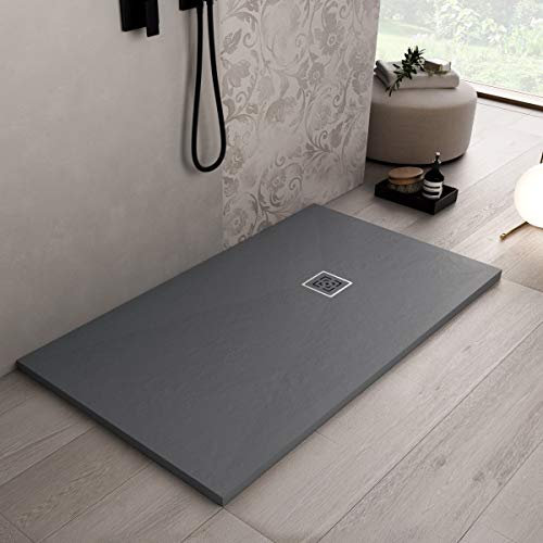 Luminosa ArredoBagno Plato de ducha Mineralmármol de 70 x 90 cm, efecto piedra antideslizante con GELCOAT – Modelo Roma Antracita – Rejilla y desagüe incluidos