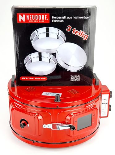NEUDORF Selection Set Backofen (von IMS&T, 1100Watt, 50-300°C, 48x48x31cm)/ Ober-&Unterhitze mit Thermostat/Emaille-Backblech & Untersetzer/PLUS 3tlg Neudorf Backblech-Set aus Edelstahl Ø28,32&36cm