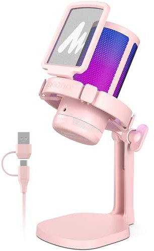 MAONO USB Microphone for PC, RGB Gaming Mic with Mute Button, Noise Cancellation Condenser Microphone with Gain knob for Streaming, Podcast, Recording, Chat, Compatible with PS5/PS4/Mac, DGM20, Pink