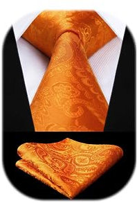 HISDERN Krawatten für Herren Orange Extra Lange Krawatte mit Einstecktuch Set Paisley Herrenkrawatte und Taschentuch Formelle Hochzeit Schlips Männer