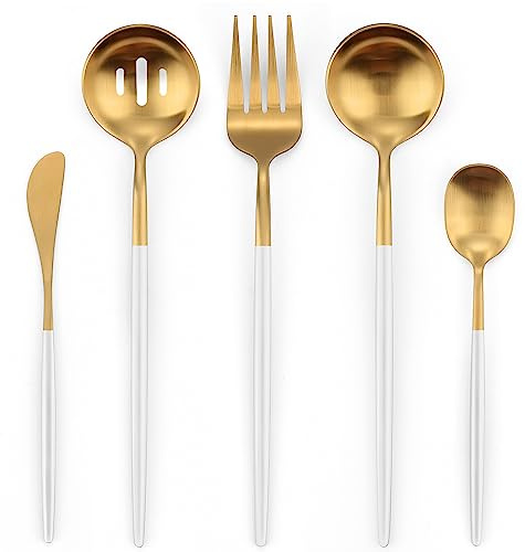Serving Utensils,OPOLIA Matte White Gold Kitchen Utensils Set,5 PCS Stainless Steel Flatware Set for Buffet,include Serving Fork,Slotted Spoon,Soup Spoon,Butter Knife,Sugar Spoons,Dishwasher Safe